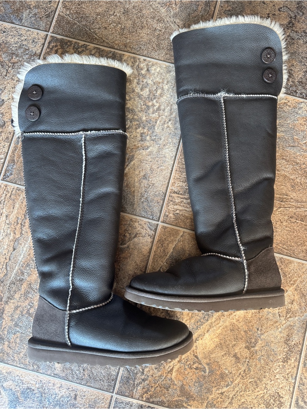 UGG Bailey Button Over The Knee Leather Shearling Boots- Brown, Women’s Size 6